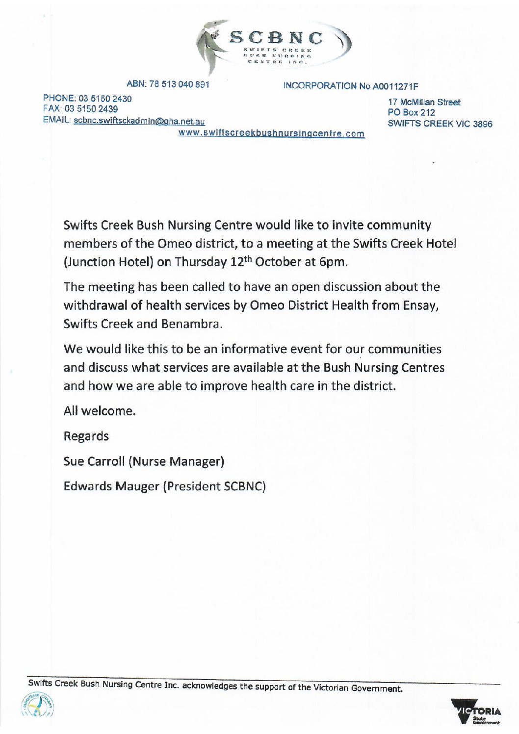 Meeting re Withdrawal of Services by ODH on Thursday, 12th October 2023, 6pm @ Swifts Creek Hotel (Junction Hotel)