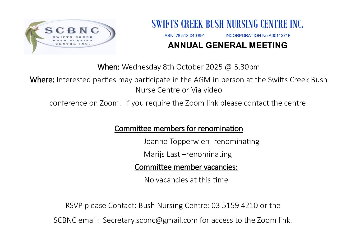 ANNUAL GENERAL MEETING on Wed, 8th October 2025 @ 5.30 pm