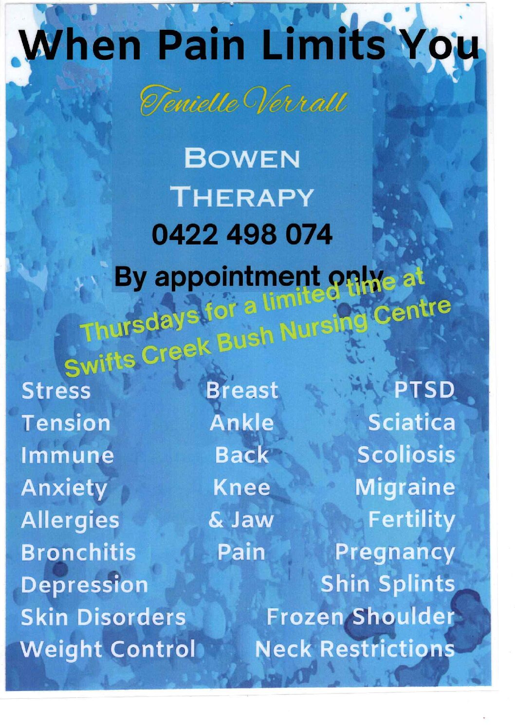 Bowen Therapy is currently available at SCBNC for a limited time